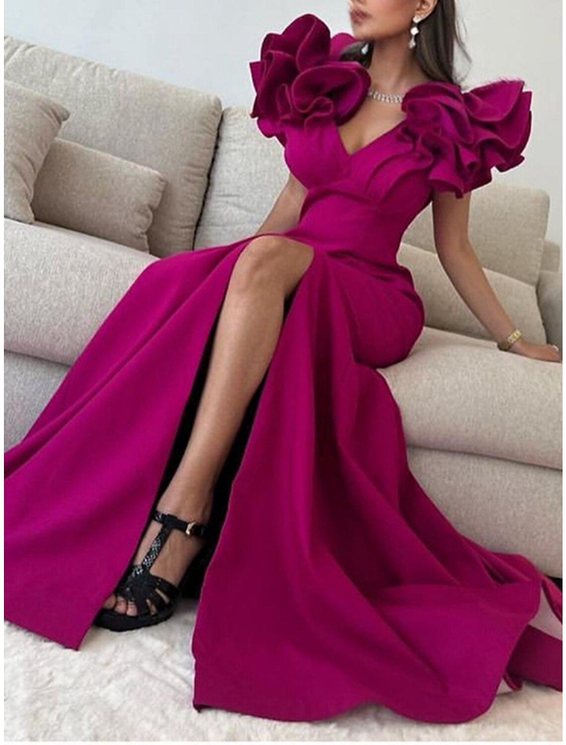 A-Line V-Neck Polyester Short Sleeve High Slit Floor-Length Evening Gown - Chloe Dress