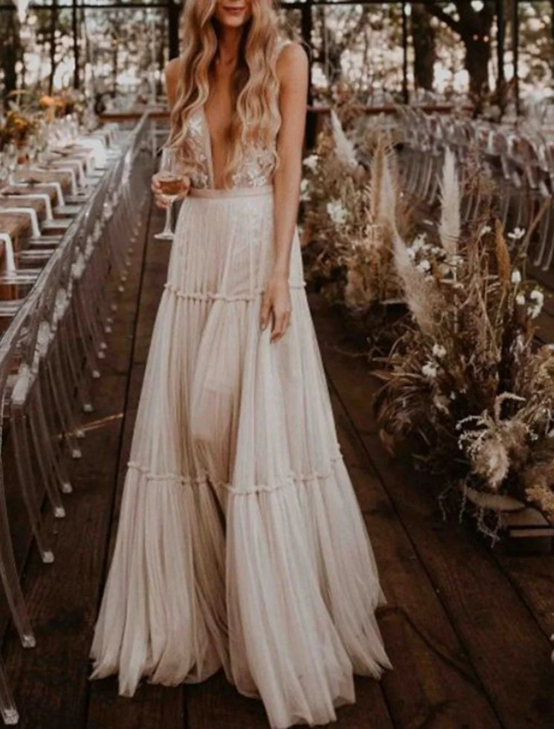A-Line V-Neck Tulle Sleeveless Applique Floor-Length Wedding Gown - Chloe Dress