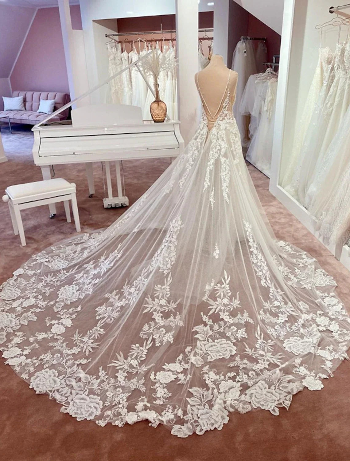 A-Line V-Neck Lace Open Back Train Wedding Gown - Chloe Dress