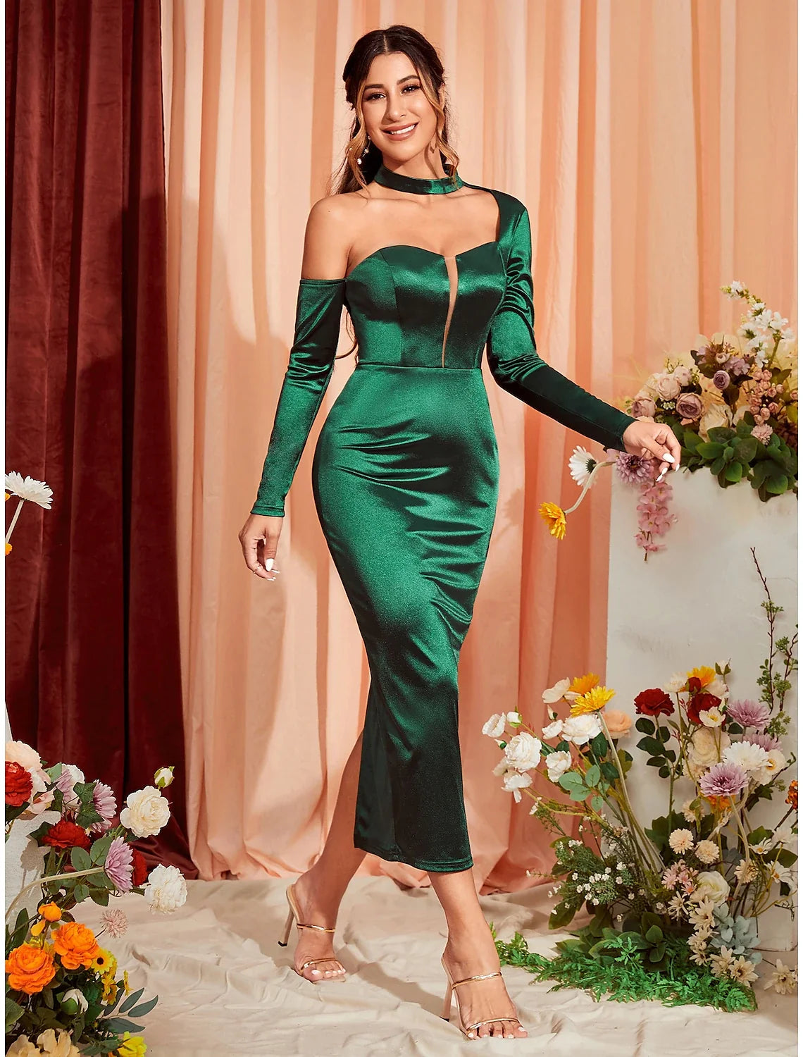 Mermaid One-Shoulder Satin Long Sleeve High Slit Tea-Length Wedding Dress - Chloe Dress