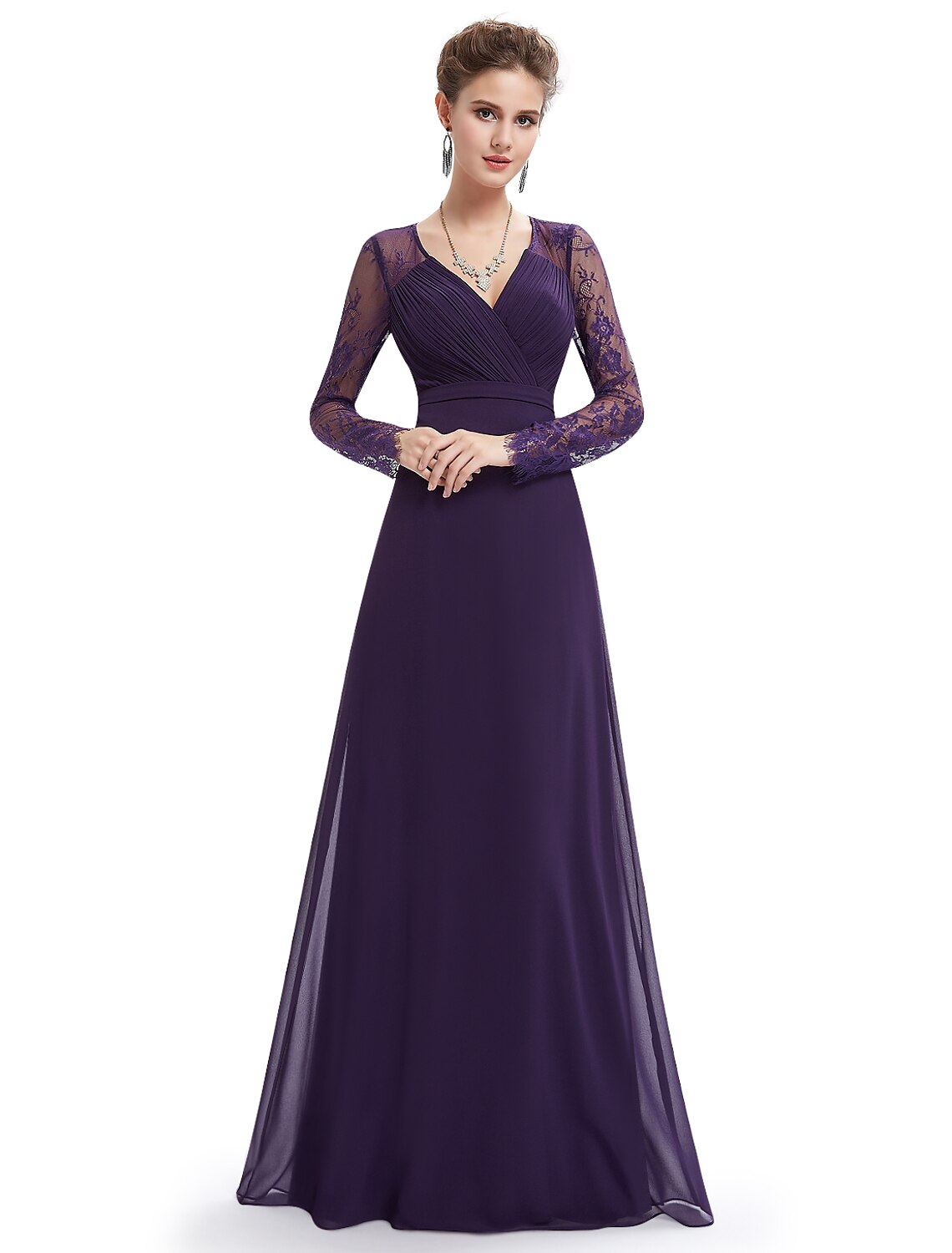 A-Line V-Neck Chiffon Long Sleeve Floor-Length Evening Gown - Chloe Dress