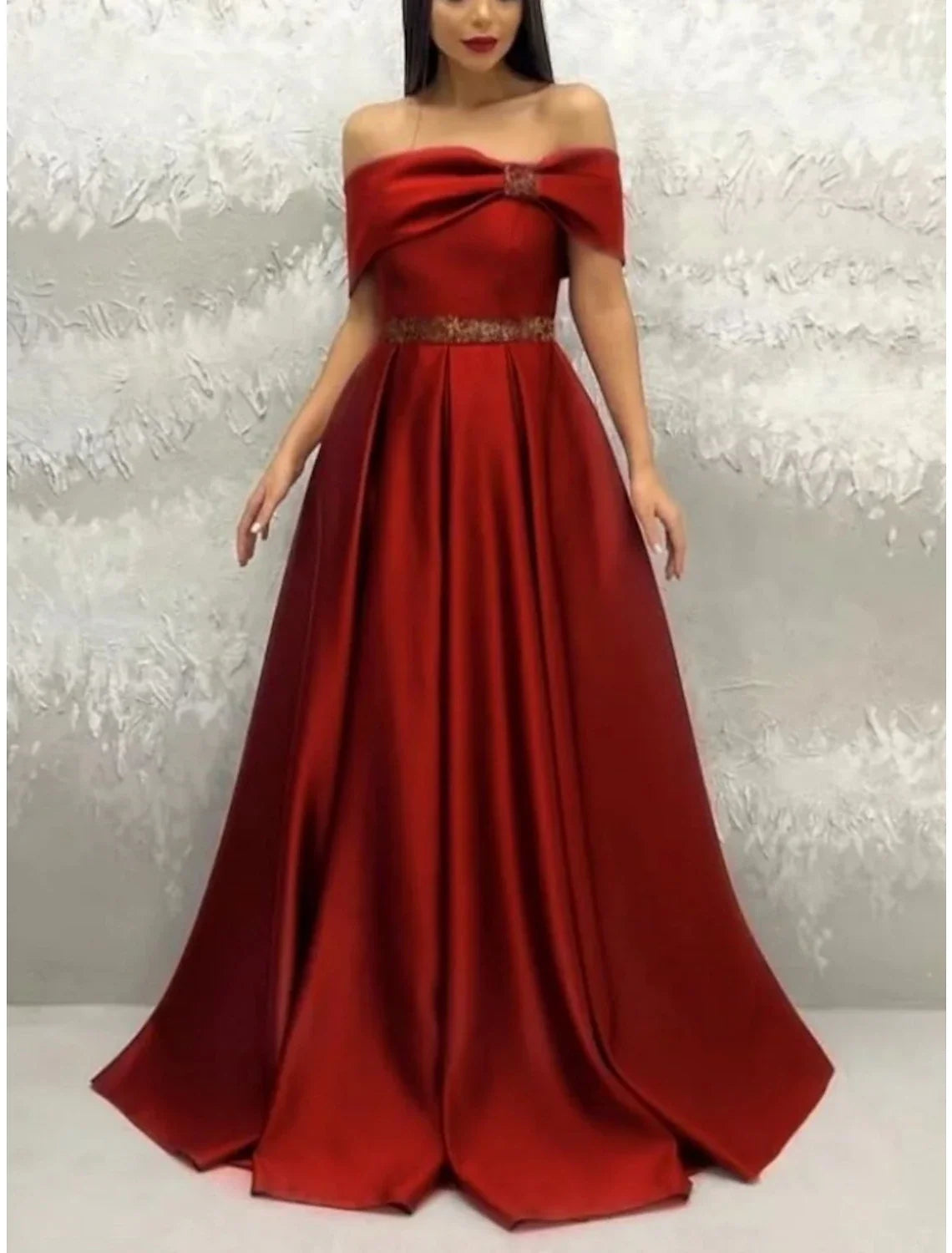 Green A-Line Off-Shoulder Satin Short Sleeve Pleated Mini Evening Gown - Chloe Dress