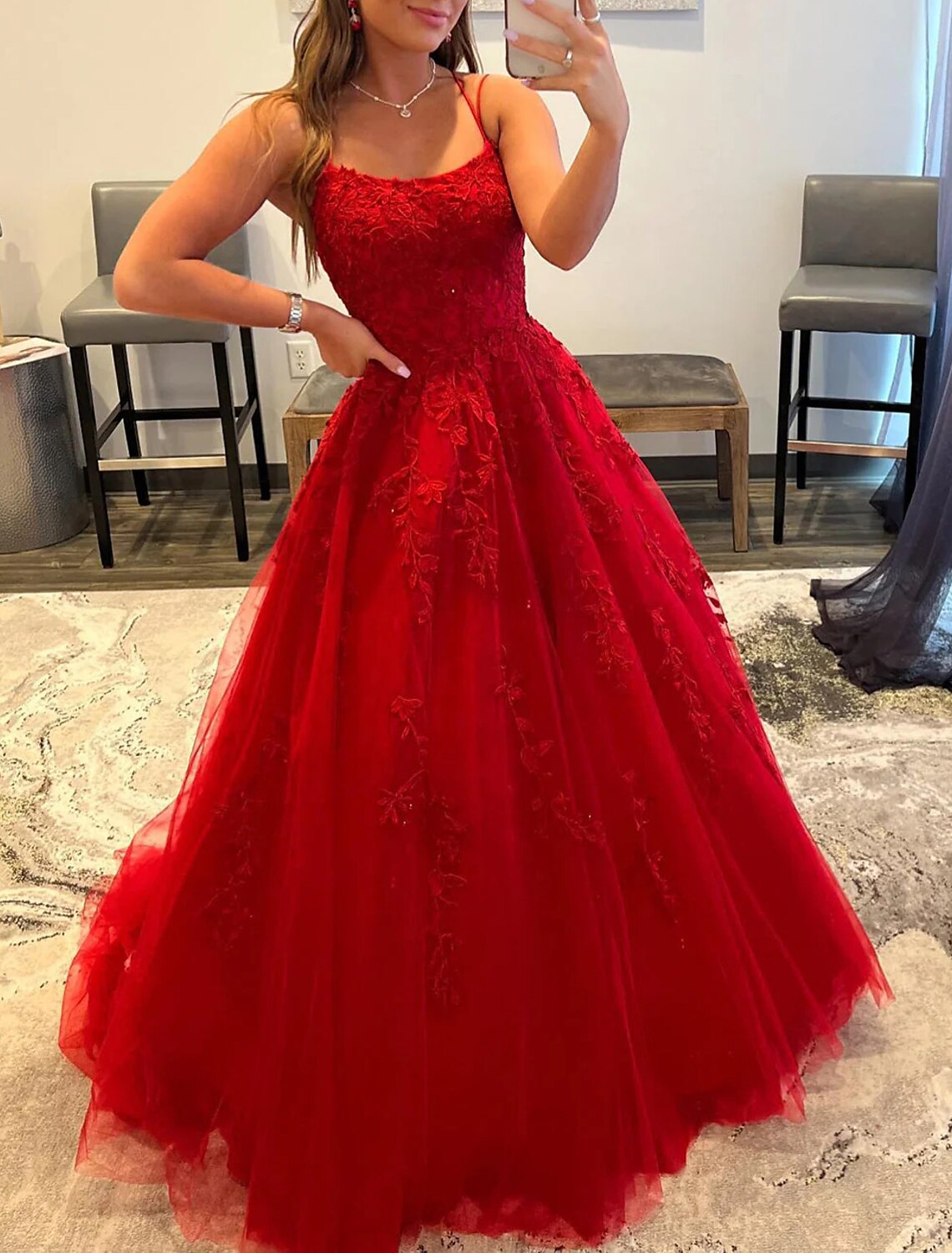 A-Line Spaghetti Strap Tulle Sleeveless Backless Applique Floor-Length Evening Dress - Chloe Dress