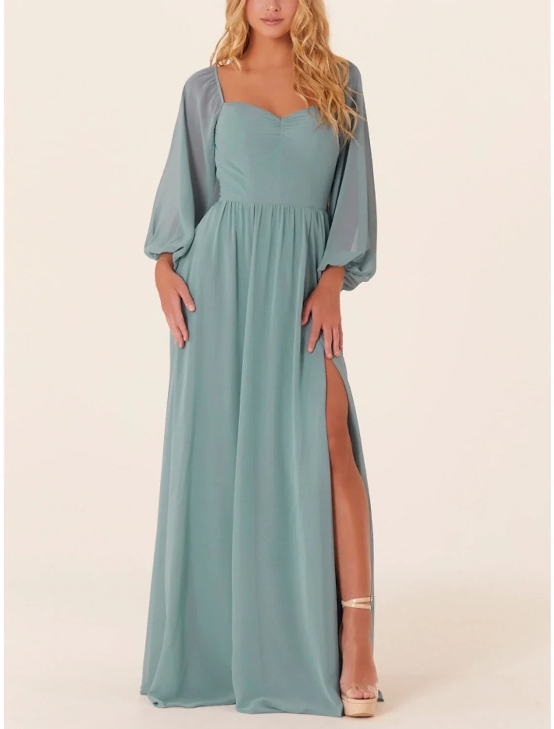 A-Line Square Neck Chiffon Long Sleeve Train Wedding Dress - Chloe Dress
