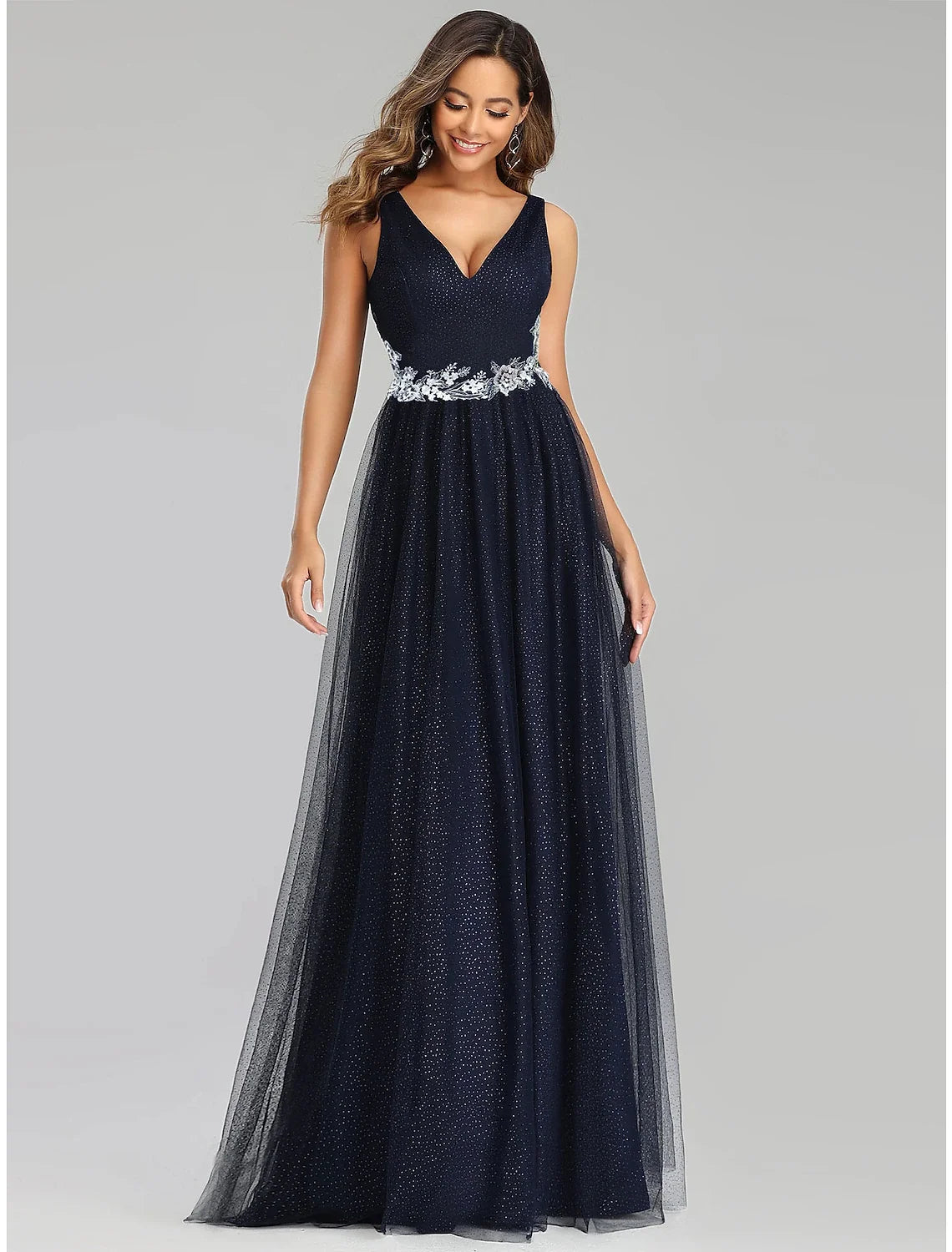 A-Line V-Neck Tulle Sleeveless Applique Floor-Length Prom Dress - Chloe Dress