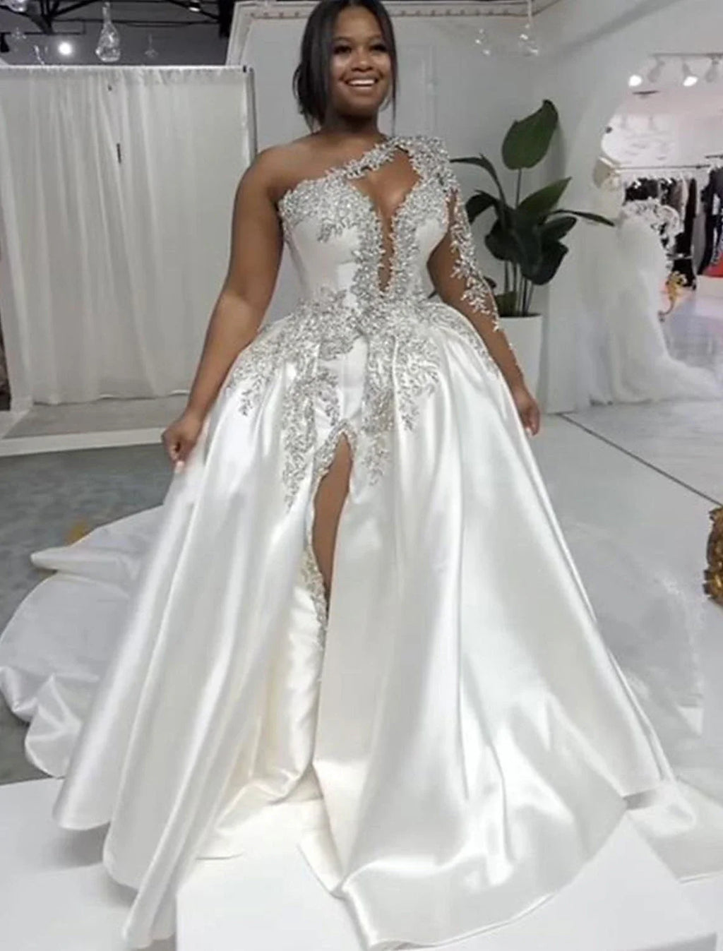 Ball Gown One-Shoulder Satin Train Wedding Gown - Chloe Dress