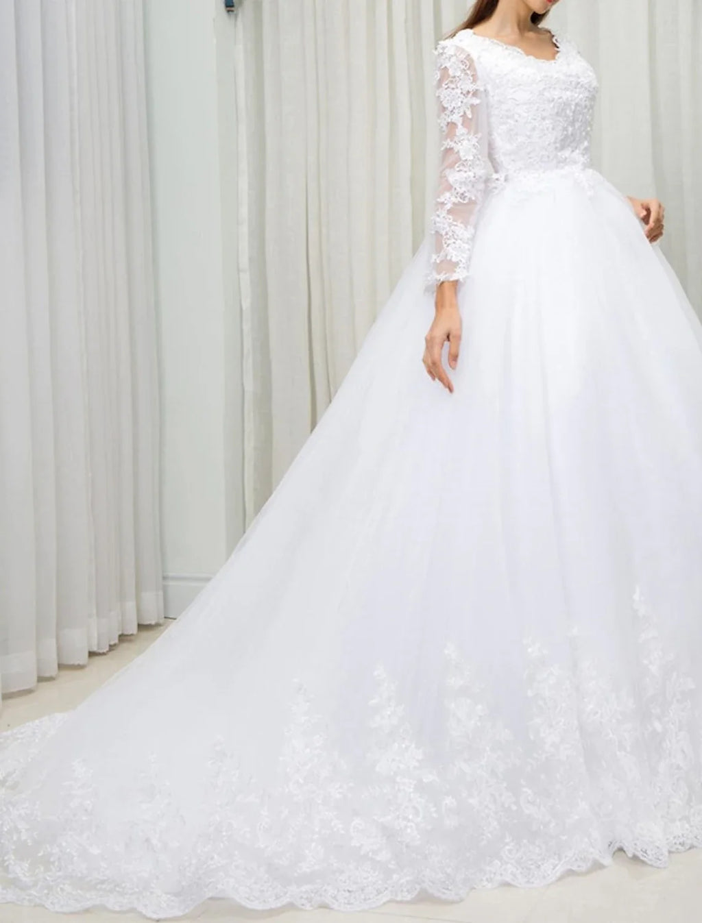 Ball Gown V-Neck Lace Long Sleeve Train Wedding Gown - Chloe Dress
