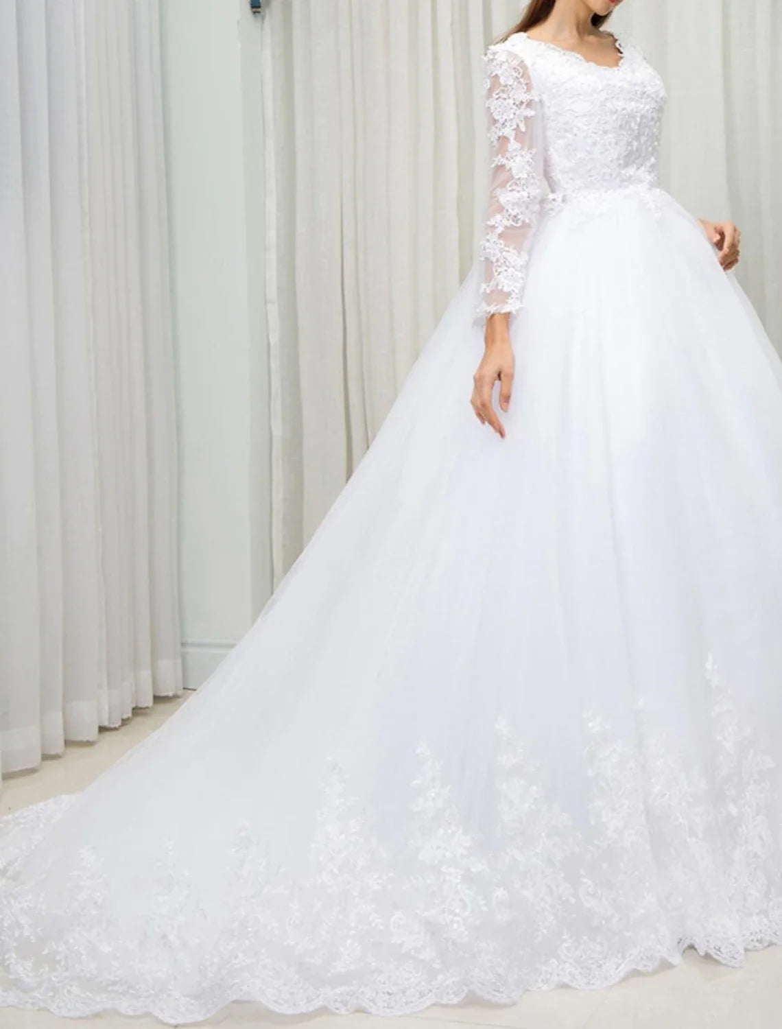 Ball Gown V-Neck Lace Long Sleeve Train Wedding Gown - Chloe Dress