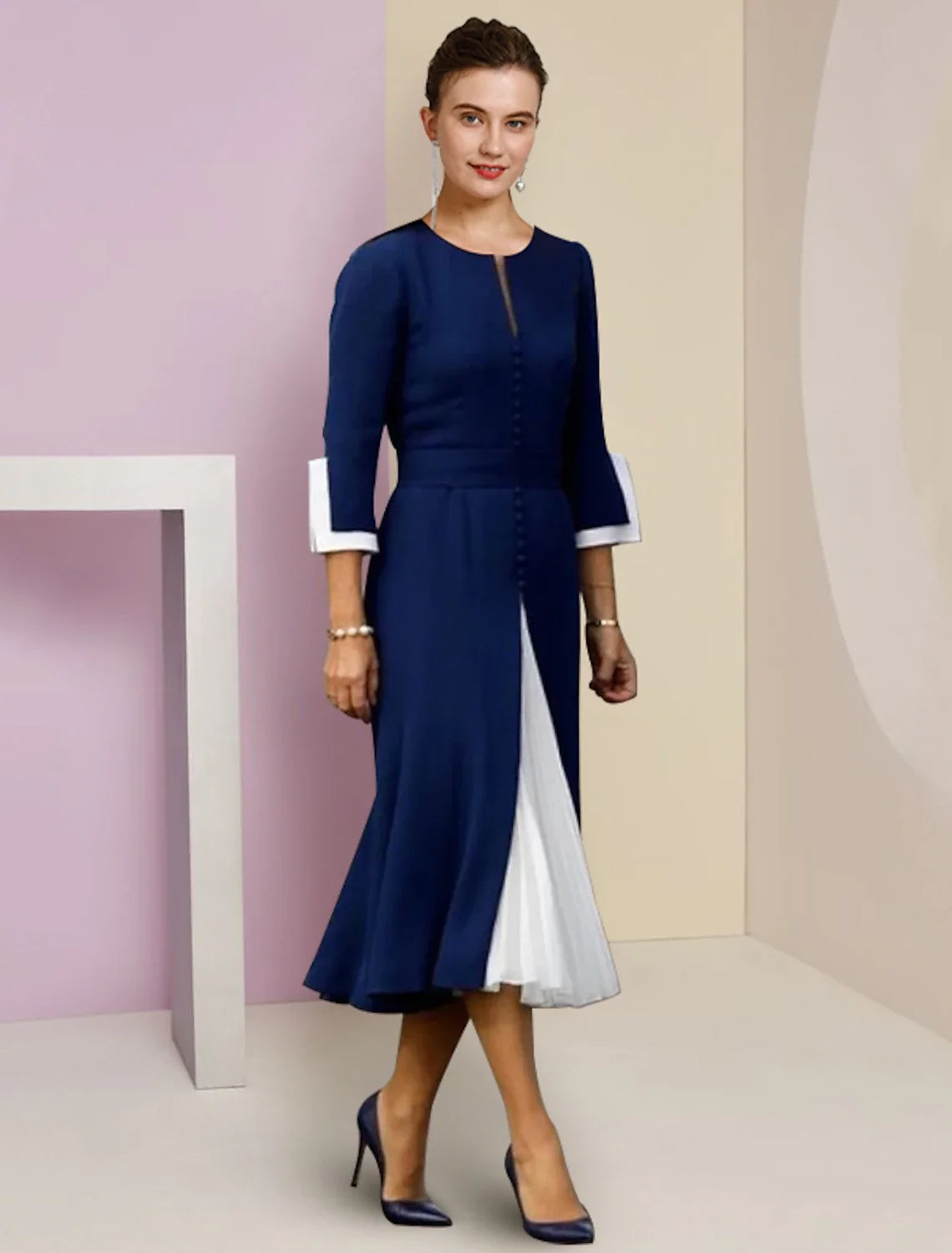 A-Line Chiffon Three-Quarter Sleeve Button Back Tea-Length Wedding Dress - Chloe Dress