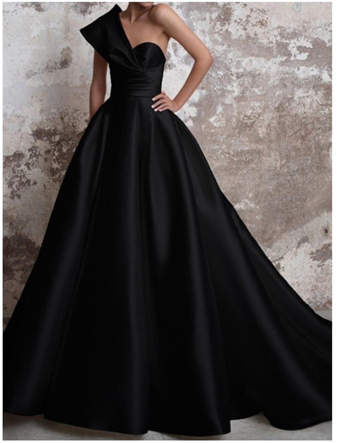 Black A-Line One-Shoulder Satin Sleeveless Backless Train Evening Gown - Chloe Dress