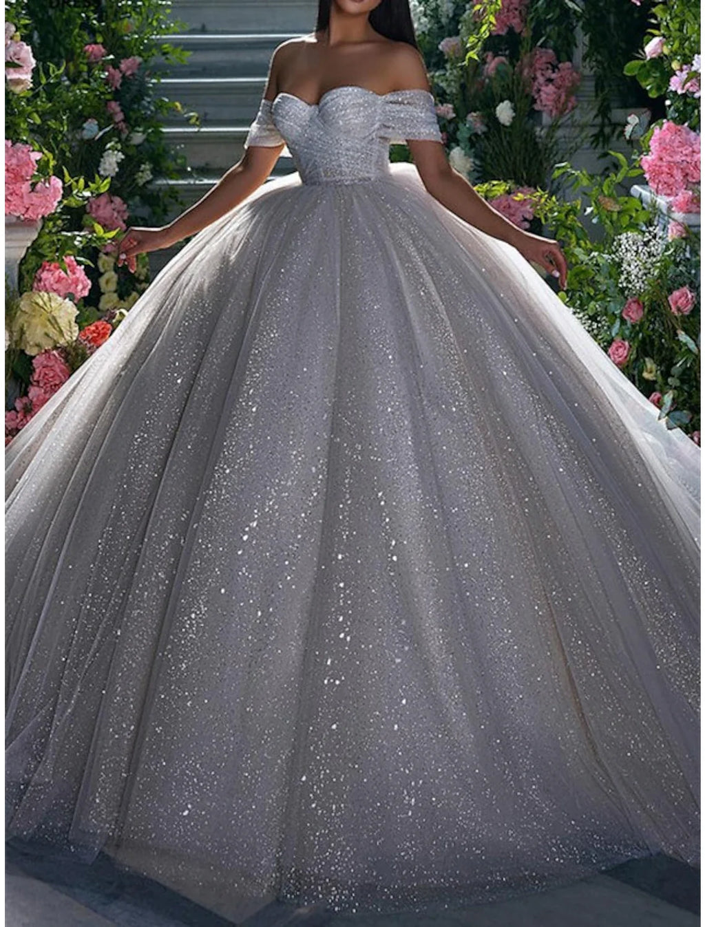 Ball Gown Off-Shoulder Sequin Cap Sleeve Train Wedding Gown - Chloe Dress