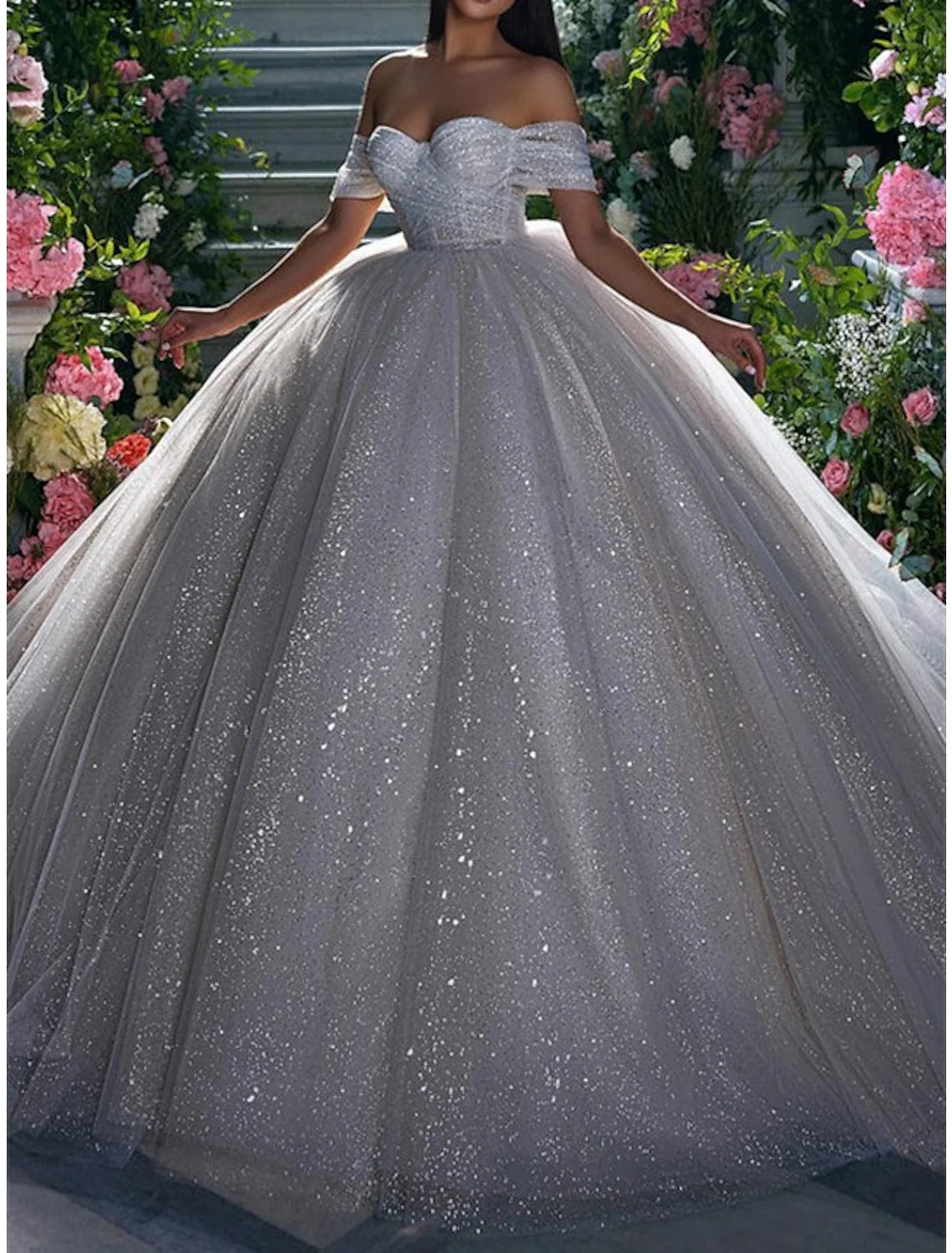 Ball Gown Off-Shoulder Sequin Cap Sleeve Train Wedding Gown - Chloe Dress