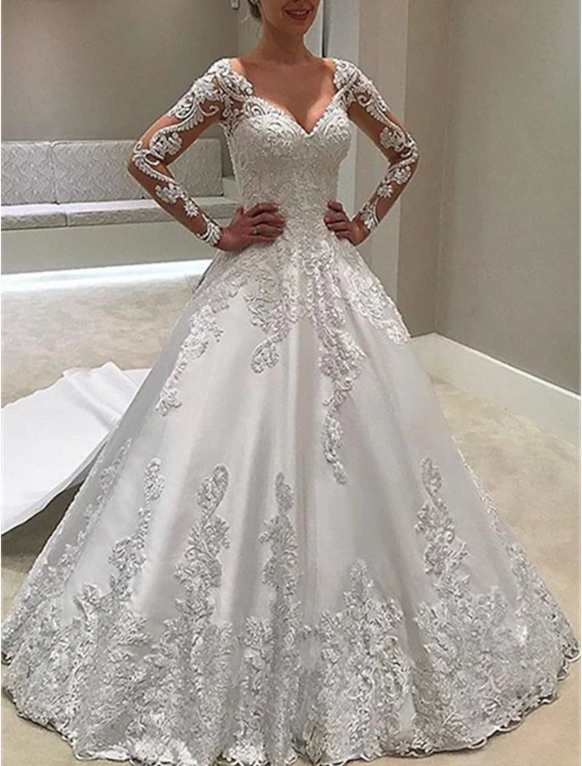 Ball Gown Sweetheart Satin Long Sleeve Button Back Train Wedding Gown - Chloe Dress