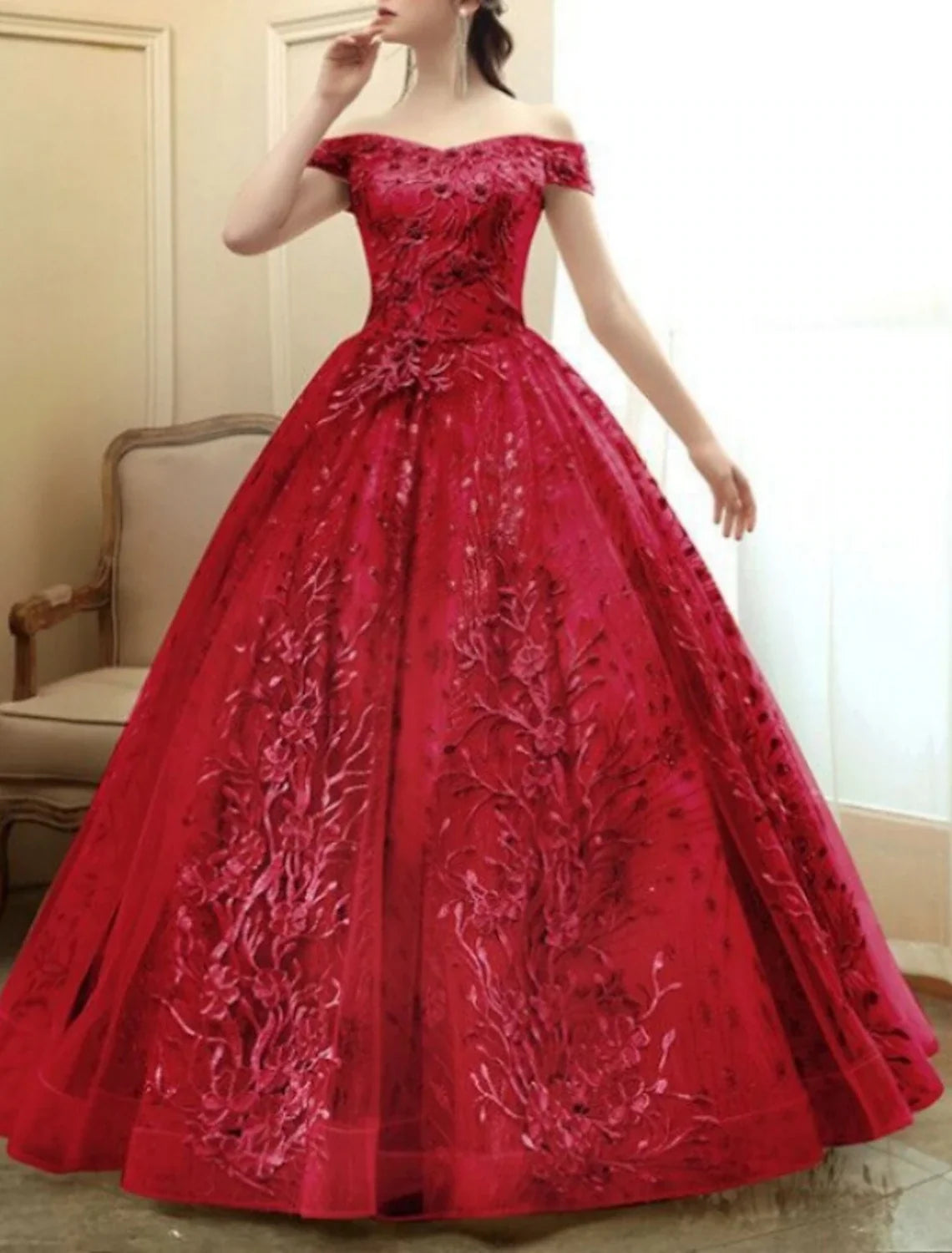 A-Line Off-Shoulder Tulle Short Sleeve Floor-Length Prom Dress - Chloe Dress