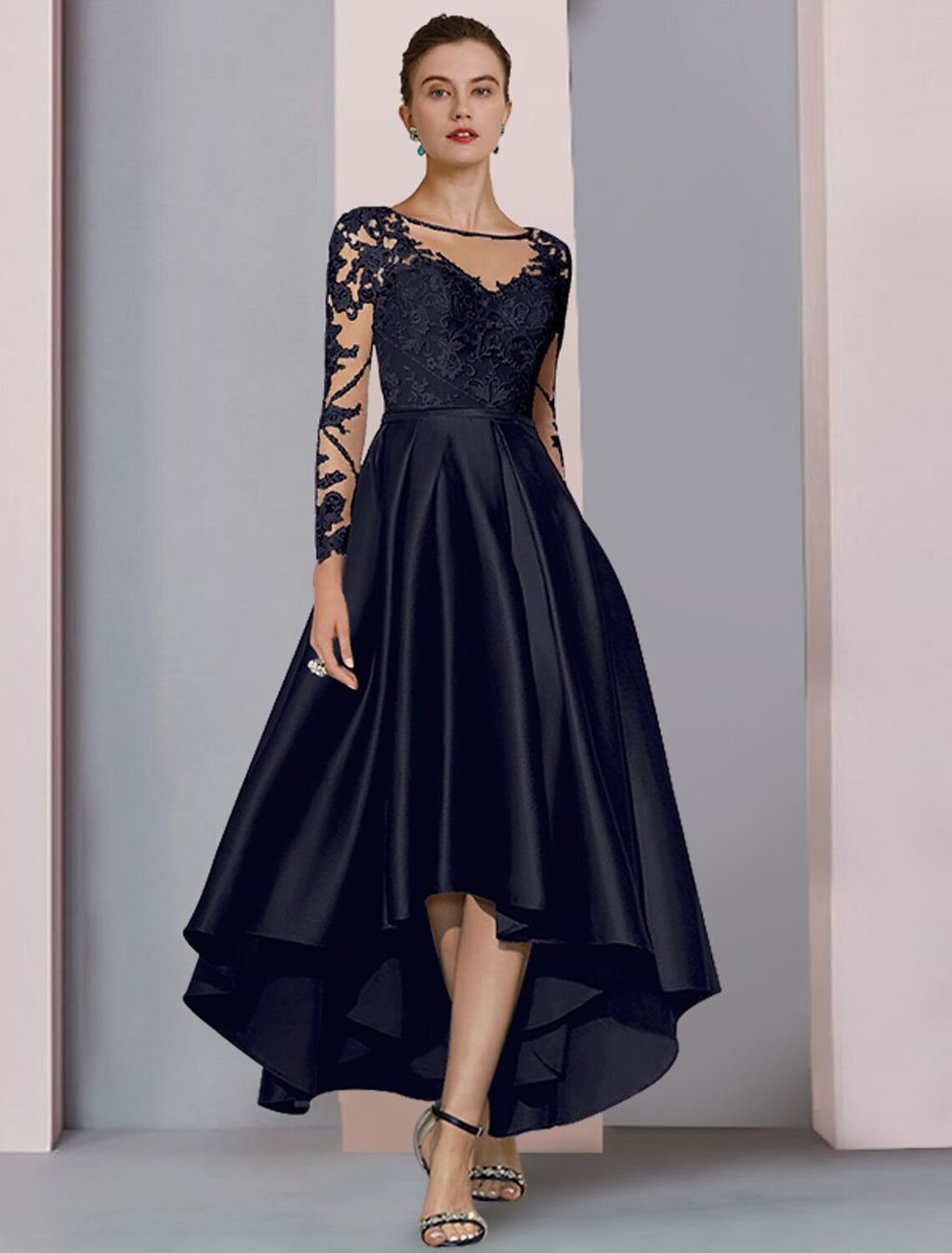 A-Line High Neck Satin Long Sleeve Pleated Tea-Length Wedding Dress - Chloe Dress