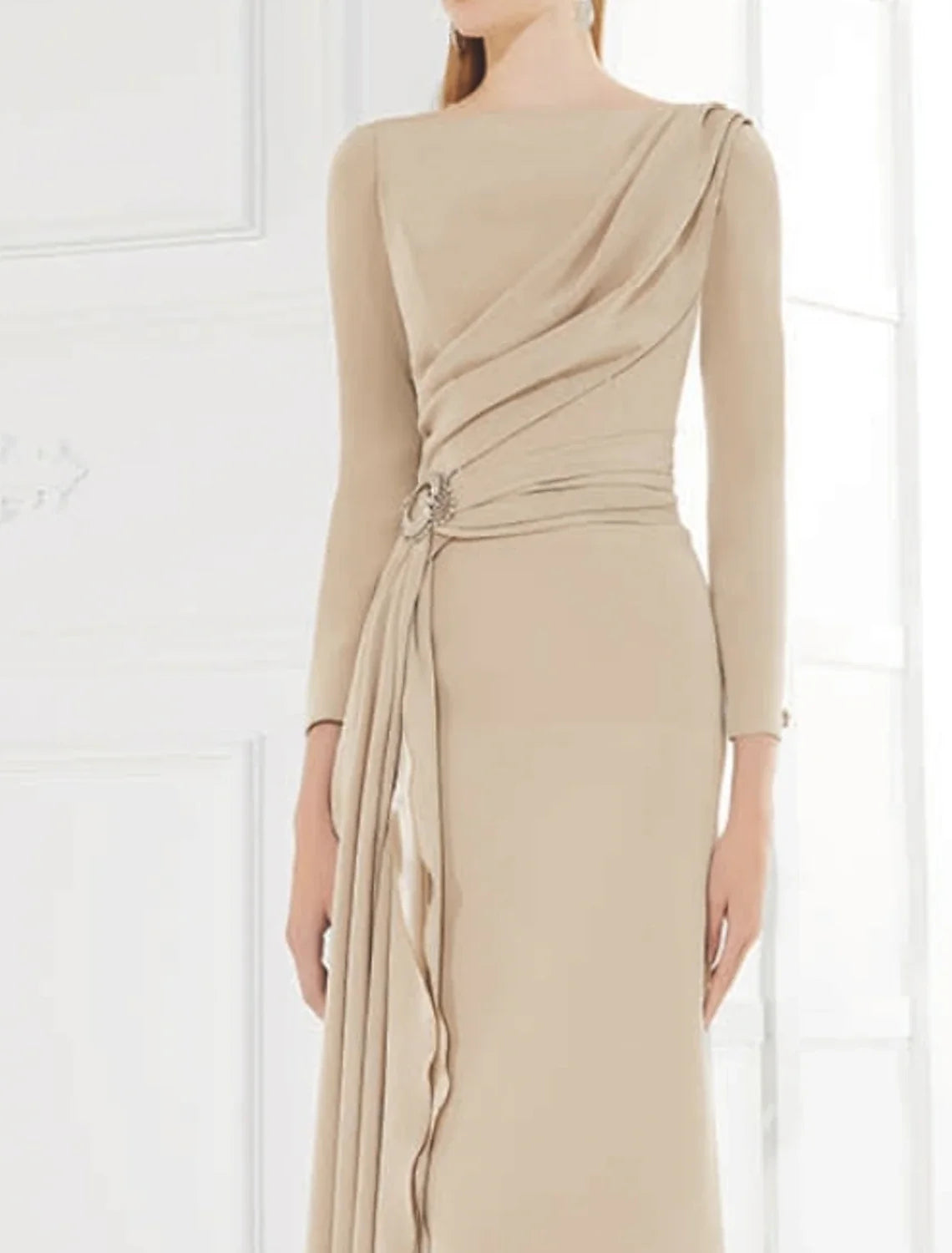 Sheath Satin Three-Quarter Sleeve Pleated Floor-Length Dress - Chloe Dress