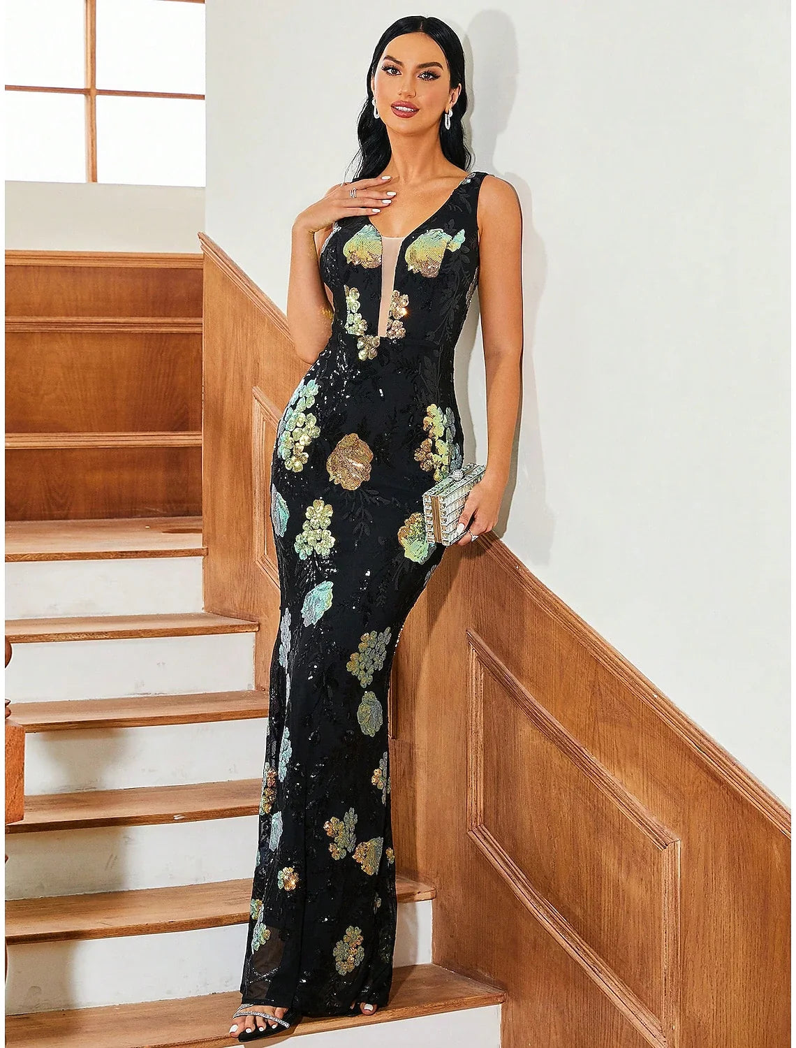 Mermaid V-Neck Sequin Sleeveless Floor-Length Evening Gown - Chloe Dress