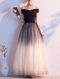A-Line Off-Shoulder Tulle Short Sleeve Floor-Length Evening Gown - Chloe Dress