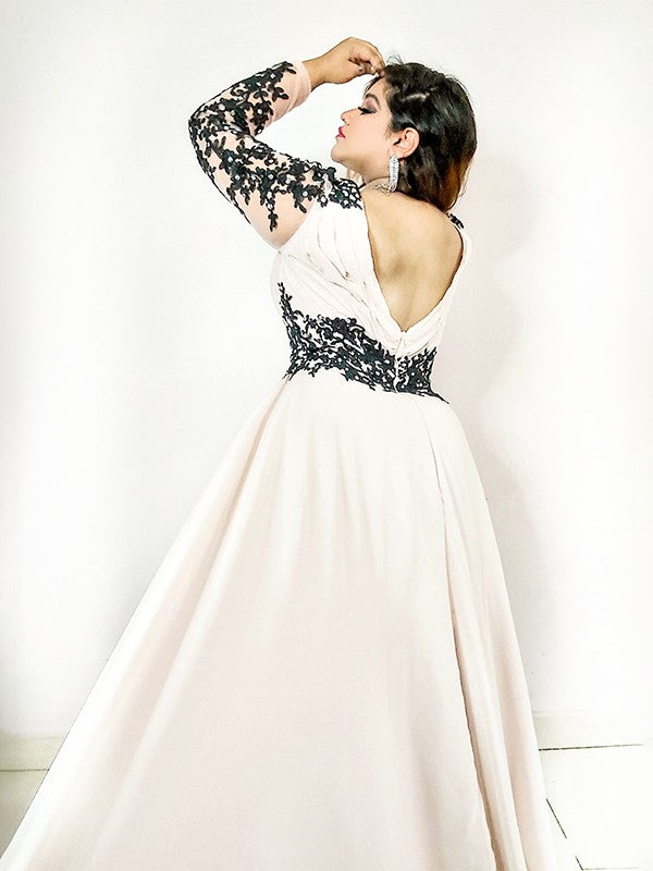 A-Line V-Neck Chiffon Long Sleeve Applique Floor-Length Dress - Chloe Dress