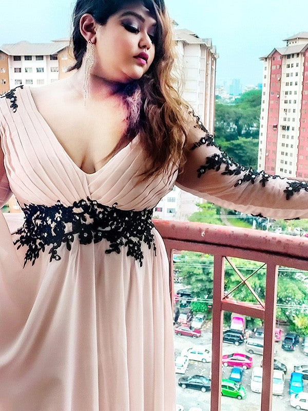 A-Line V-Neck Chiffon Long Sleeve Applique Floor-Length Dress - Chloe Dress