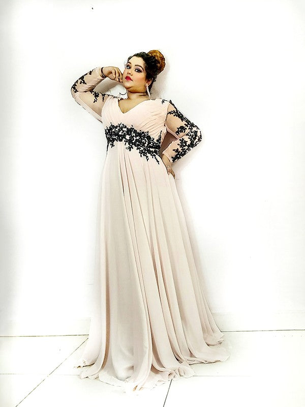 A-Line V-Neck Chiffon Long Sleeve Applique Floor-Length Dress - Chloe Dress