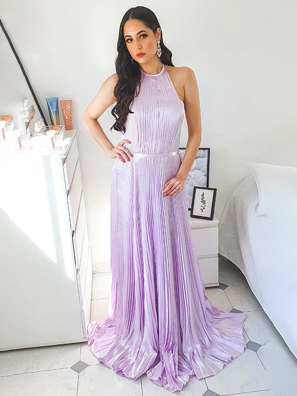 A-Line Halter Satin Sleeveless Train Dress - Chloe Dress
