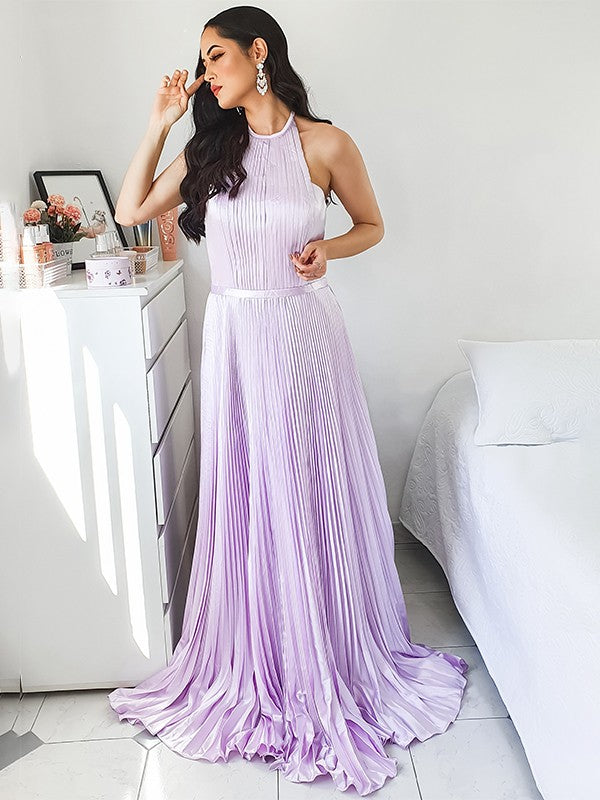 A-Line Halter Satin Sleeveless Train Dress - Chloe Dress