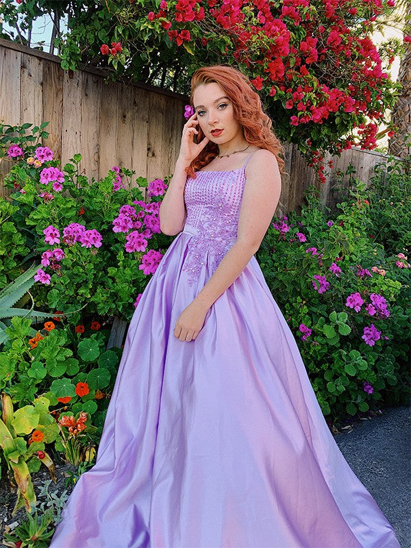 Ball Gown Spaghetti Strap Satin Sleeveless Applique Floor-Length Gown - Chloe Dress