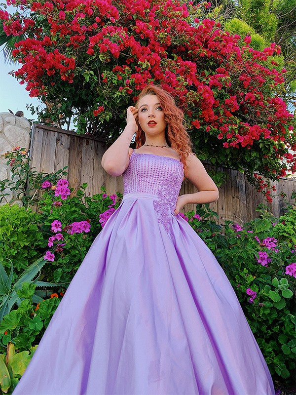 Ball Gown Spaghetti Strap Satin Sleeveless Applique Floor-Length Gown - Chloe Dress