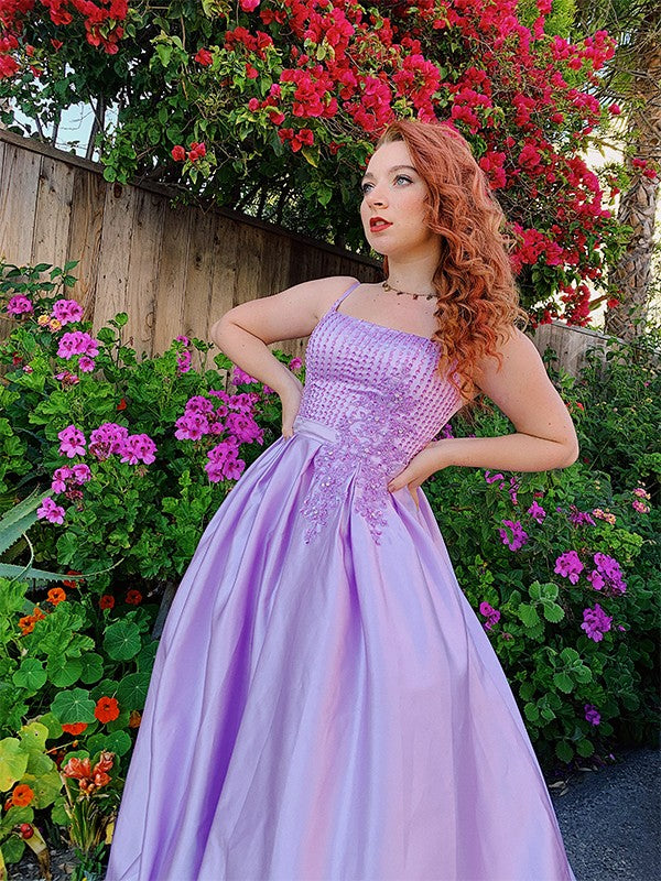 Ball Gown Spaghetti Strap Satin Sleeveless Applique Floor-Length Gown - Chloe Dress