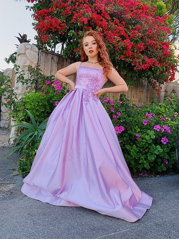 Ball Gown Spaghetti Strap Satin Sleeveless Applique Floor-Length Gown - Chloe Dress