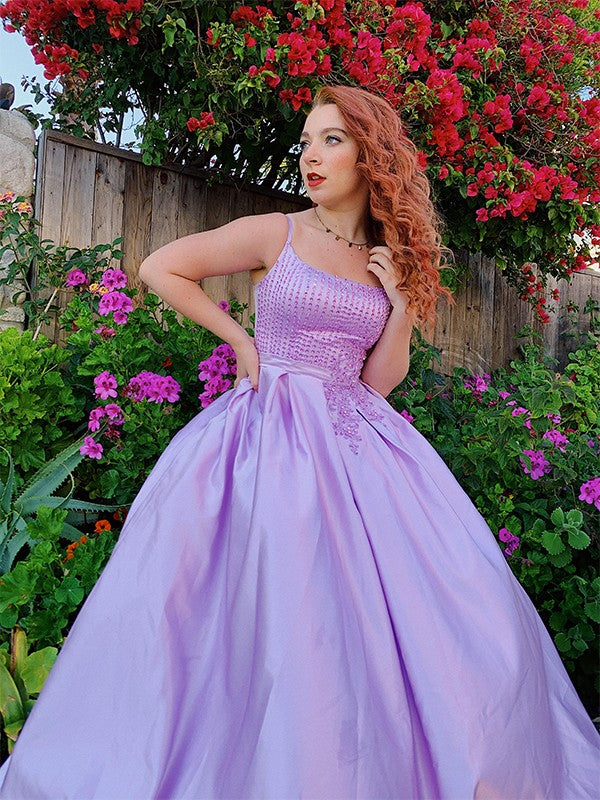 Ball Gown Spaghetti Strap Satin Sleeveless Applique Floor-Length Gown - Chloe Dress