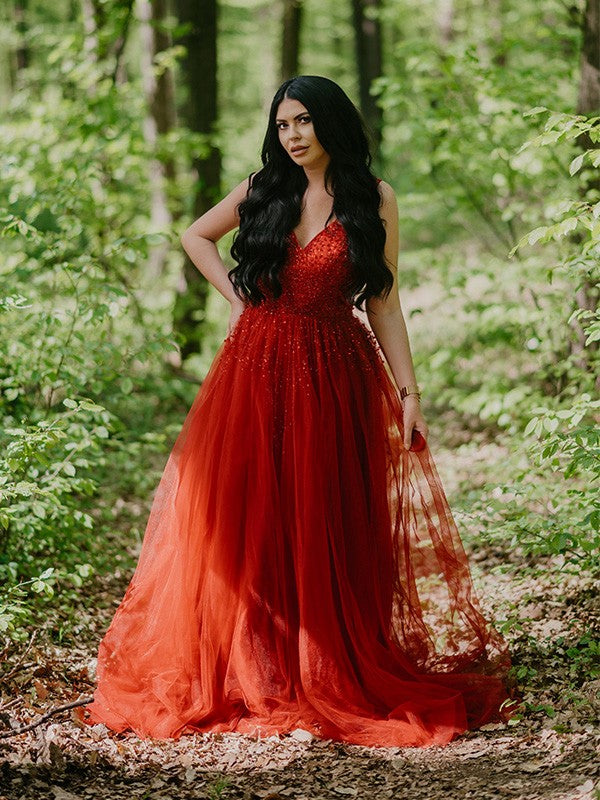 A-Line V-Neck Tulle Sleeveless Train Dress - Chloe Dress