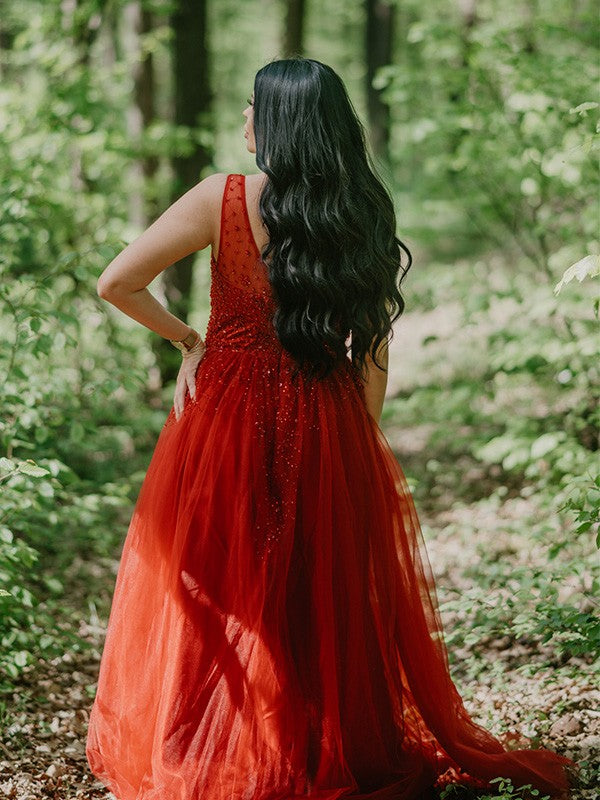A-Line V-Neck Tulle Sleeveless Train Dress - Chloe Dress