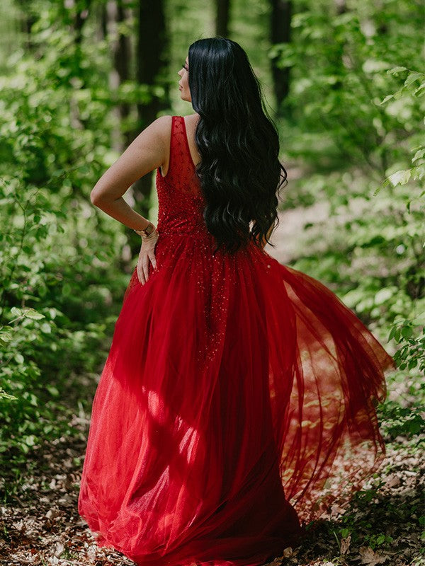 A-Line V-Neck Tulle Sleeveless Train Dress - Chloe Dress