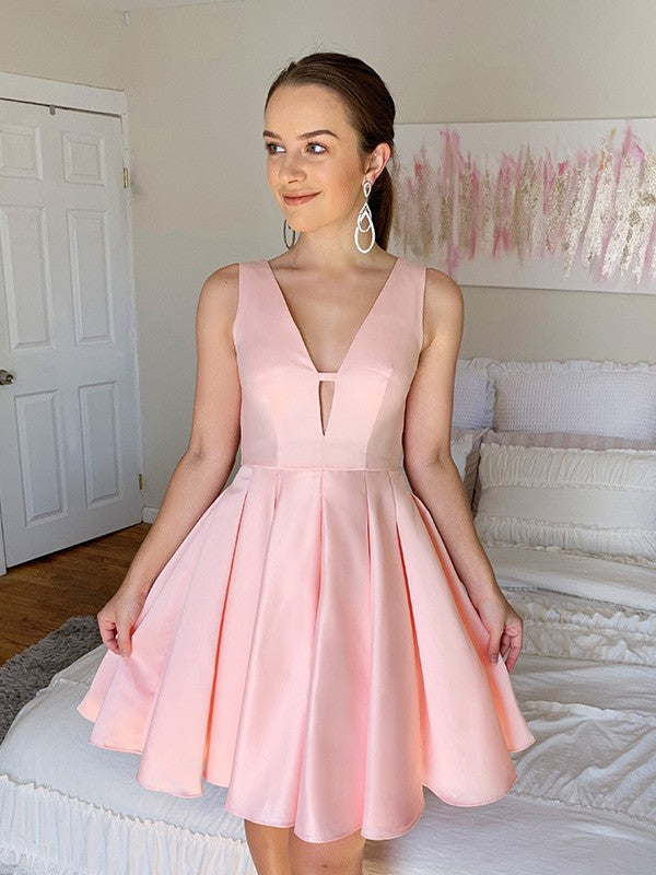 A-Line V-Neck Satin Sleeveless Ruffled Mini Homecoming Dress - Chloe Dress
