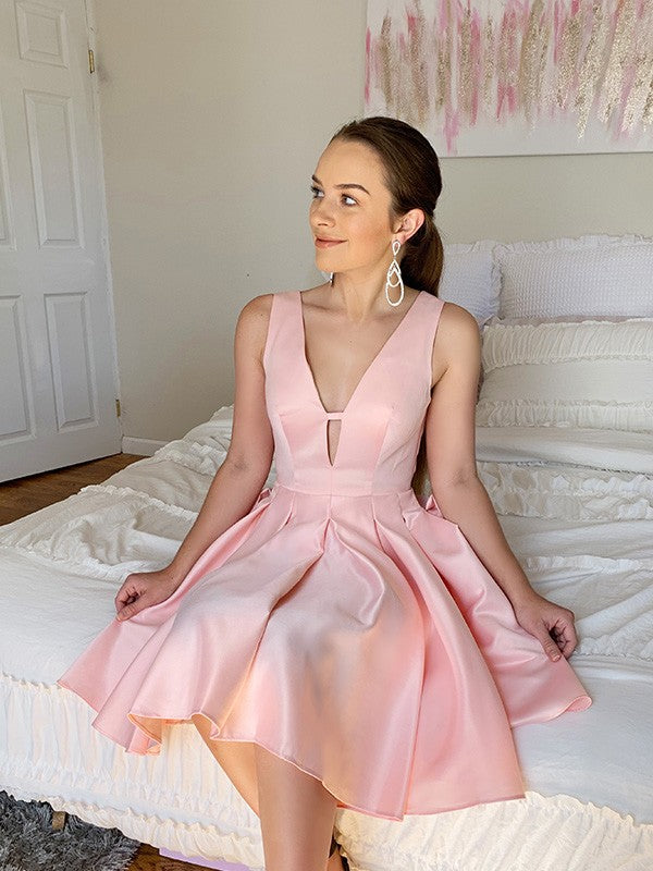 A-Line V-Neck Satin Sleeveless Ruffled Mini Homecoming Dress - Chloe Dress