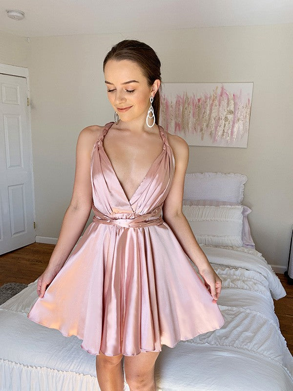 A-Line V-Neck Satin Sleeveless Ruffled Mini Homecoming Dress - Chloe Dress