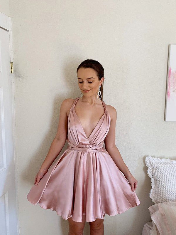 A-Line V-Neck Satin Sleeveless Ruffled Mini Homecoming Dress - Chloe Dress