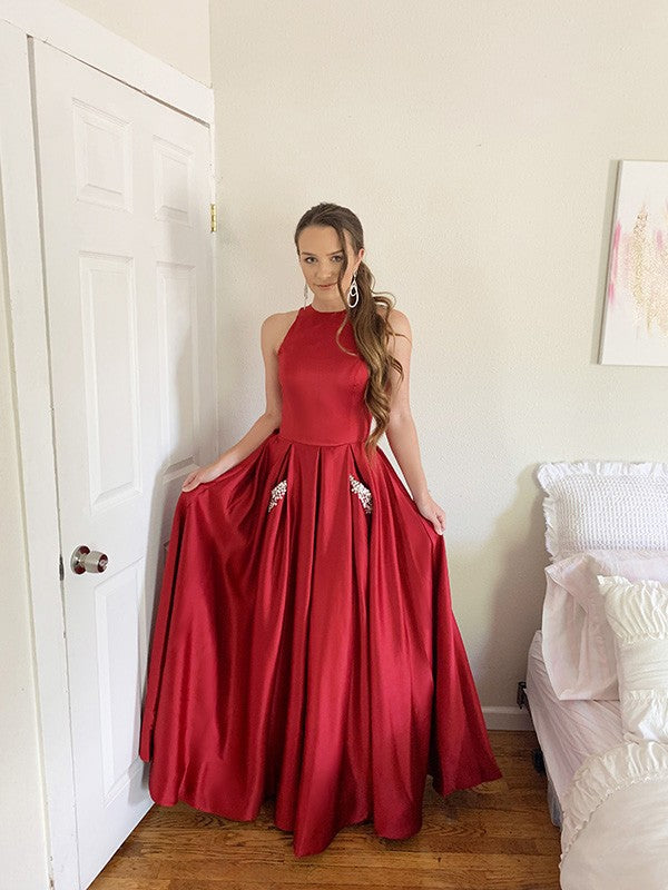 A-Line Halter Satin Sleeveless Floor-Length Dress - Chloe Dress