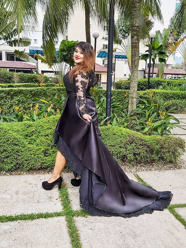 A-Line Satin Long Sleeve Asymmetric Tea-Length Dress - Chloe Dress