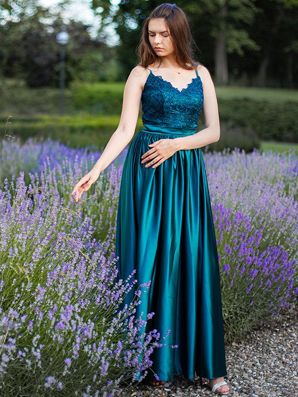 A-Line Spaghetti Strap Satin Sleeveless Floor-Length Dress - Chloe Dress