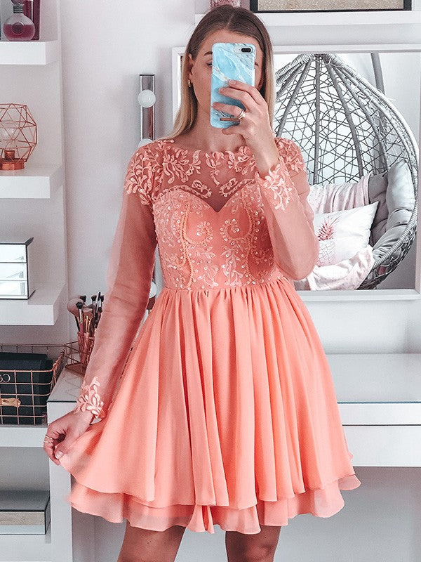 A-Line Chiffon Long Sleeve Applique Mini Homecoming Dress - Chloe Dress