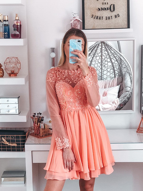 A-Line Chiffon Long Sleeve Applique Mini Homecoming Dress - Chloe Dress