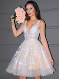A-Line V-Neck Tulle Sleeveless Applique Mini Homecoming Dress - Chloe Dress