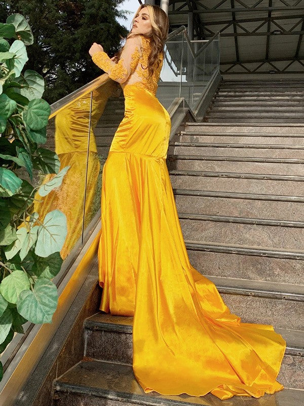 Mermaid High Neck Satin Long Sleeve Train Dress - Chloe Dress