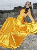 Mermaid High Neck Satin Long Sleeve Train Dress - Chloe Dress