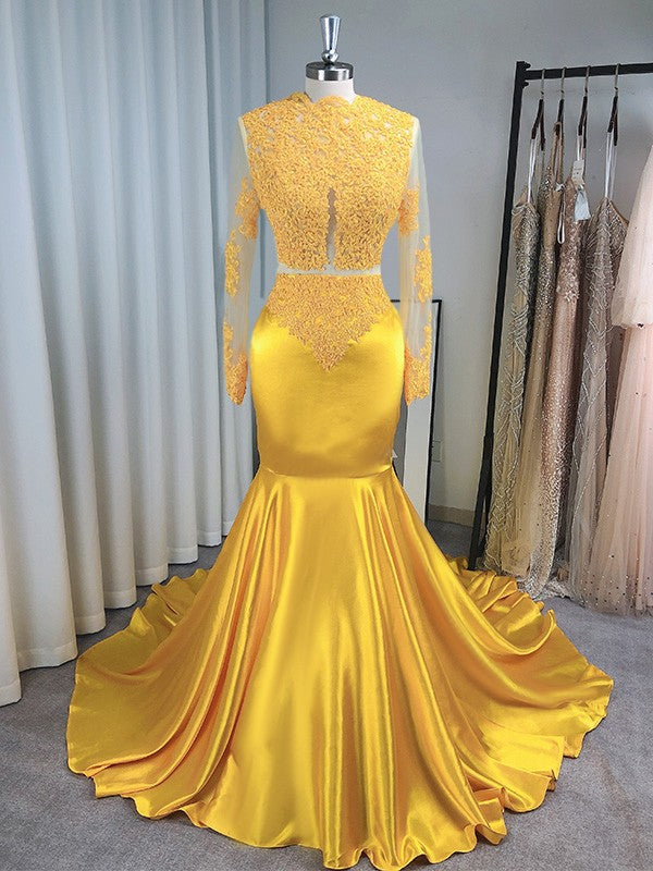 Mermaid High Neck Satin Long Sleeve Train Dress - Chloe Dress