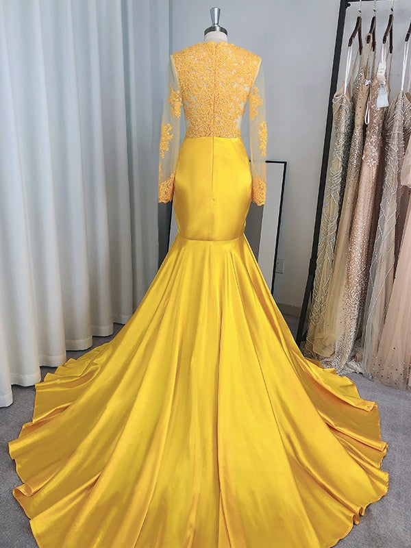 Mermaid High Neck Satin Long Sleeve Train Dress - Chloe Dress