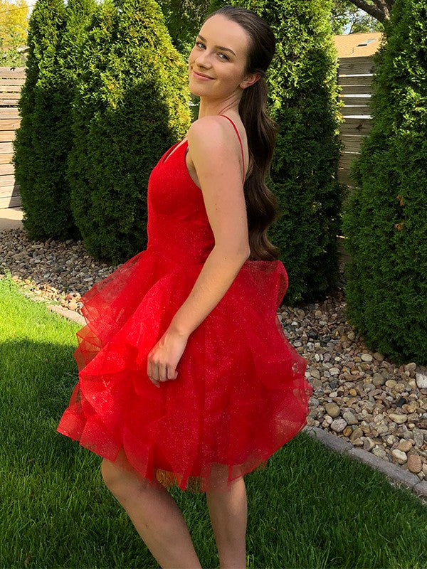 A-Line Spaghetti Strap Tulle Sleeveless Ruffled Mini Homecoming Dress - Chloe Dress